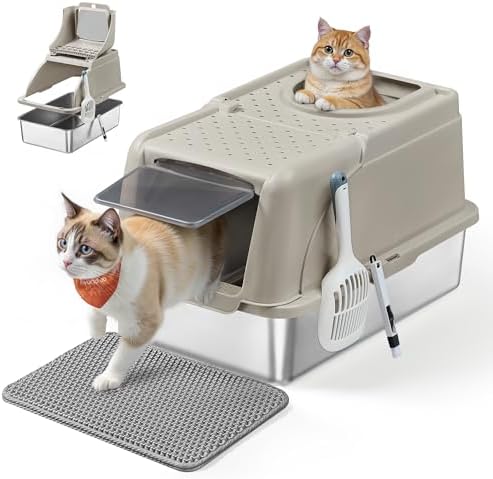 Feandrea Katzenklo Edelstahl, XL, Katzentoilette mit Deckel, mit Schaufel, Bürste und 2 Eingängen, für Katzen bis 15 kg, cappuccinobeige PPT005K01