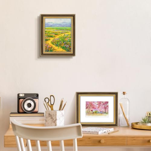Image of Golden State Art,8x10 Ornate Picture Frame Holds 5x7 Photo,Brown Gold | Includes real glass front,white mat,easel stand,build-in hangers and buttons.Displays 5x7 photo on wall or tabletop