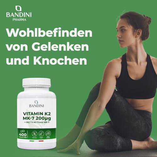 Bandini® Vitamin K2 MK-7 200µg (mcg) VEGAN | 400 Mikrotabletten | K2 rein natürliches Menachinon 7 | All-trans Gehalt >99,7% Vitamin K 2 | Blut- und Knochengerinnung | 1 Tablette pro Tag für 1 Jahr