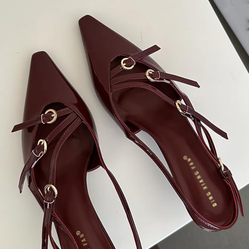 Women's Pointed Toe Kitten Heels Buckle Pumps,Sexy Slingback Adjustable Metallic Multi-Buckle Low Heel Sandals Slip On Office Party Dress Pumps Shoes3