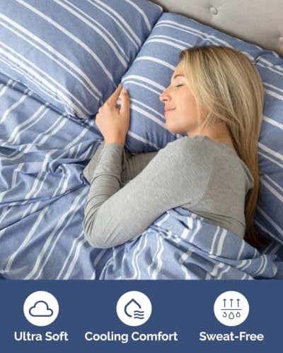 Image of Extra Deep Flex Top Split Head King Fitted Sheet - Hotel Luxury Single Fitted Sheet Only - Easily Fits 18 inch to 24 inch Mattress - Ultra Soft, Wrinkle Free w /Extra Deep Pockets - Blue Stripes 3
