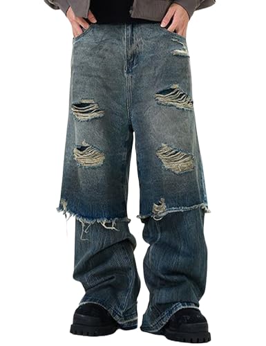 Men Baggy Jeans Y2k Wide Leg Distressed Ripped Jeans Hip Hop Vintage Denim Pants Streetwear
