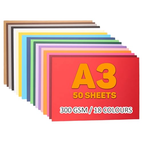 TrueIsland 50 Sheets A3 Coloured Card 300 GSM/110 LB Thick Construction Paper 42 x 29.7 CM Cardstock Paper for Card Making Arts Crafts