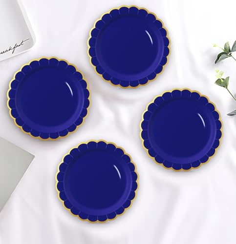 Image of HEIPINIUYE 50 Pieces Blue Paper Plates with Gold Foil 7 Inch Disposable Blue and Gold Scalloped Dinner Plates for Wedding Baby Shower Birthday Party Dessert Plate