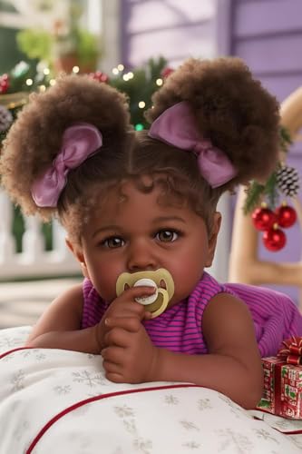 JIZHI Reborn Baby Dolls Black - 22 Inch Lifelike Soft Body Realistic-Newborn Baby Dolls Taupe Eyes Caramel Skin Tone Pink Striped Skirt Real Life and Toy Accessories Gift for Kids Age 3