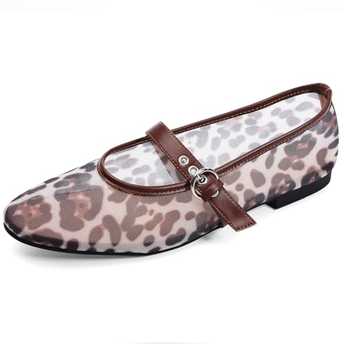 Leopard Flats for Women Mesh Ballet Flats Mary Jane Animal Print Shoes Slip On Casual Breathable Ballerina Flats3
