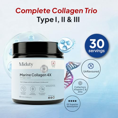 Image of Miduty Marine Collagen Powder with Vitamin C & Zinc | Hydrolyzed Collagen Peptides | Wild-caught Fish | Type 1, 2 & 3 for Skin Elasticity, Hair, Nails, Joints & Bone Support | 210g