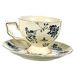 TOYZFRIENDY Taza y Plato de Cerámica Vintage para Café y Té Taza de Leche Decorativa para Hogar Diseño Azul Floral con Asa Ergonómica Resistente y Práctico para Bebidas Calientes