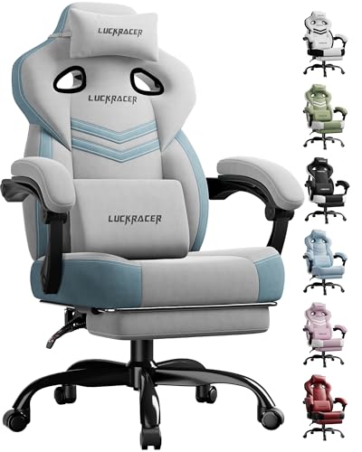 LUCKRACER Chaise de gaming avec accoudoirs connectés, coussin en mousse à mémoire de forme, angle d'inclinaison de 90 à 155 ° et repose-pieds en tissu fonctionnel résistant, gris