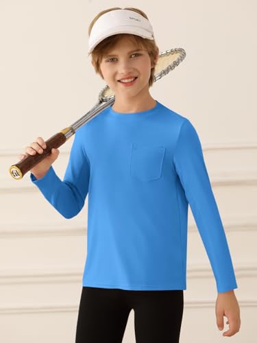 Haloumoning Boys Mesh Long Sleeve Athletic Shirts Kids Quick Dry Active Tops Tees with Chest Pocket 5-14 Years2
