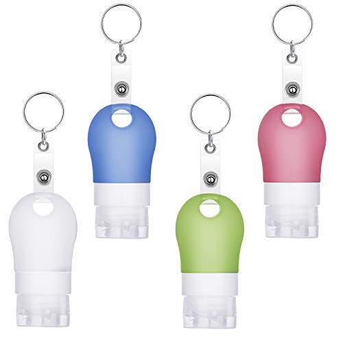 8 Pieces Silicone Travel Bottles Keychains Set, Refillable Travel Bottles Empty Travel Containers and Retractable Badge Holders for Outdoor Sports Travel Use (White, Blue, Pink and Green)