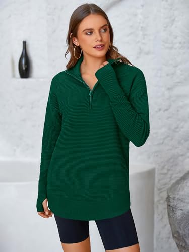 Image of PRETTYGARDEN Womens Long Sleeve Quarter Zip Pullover Sweater | Casual Loose V Neck Sweaters with Thumb Hole, Collared Ribbed Knit Jumper Tops, Oversized Tunic Tops, Fall Outfits 2026