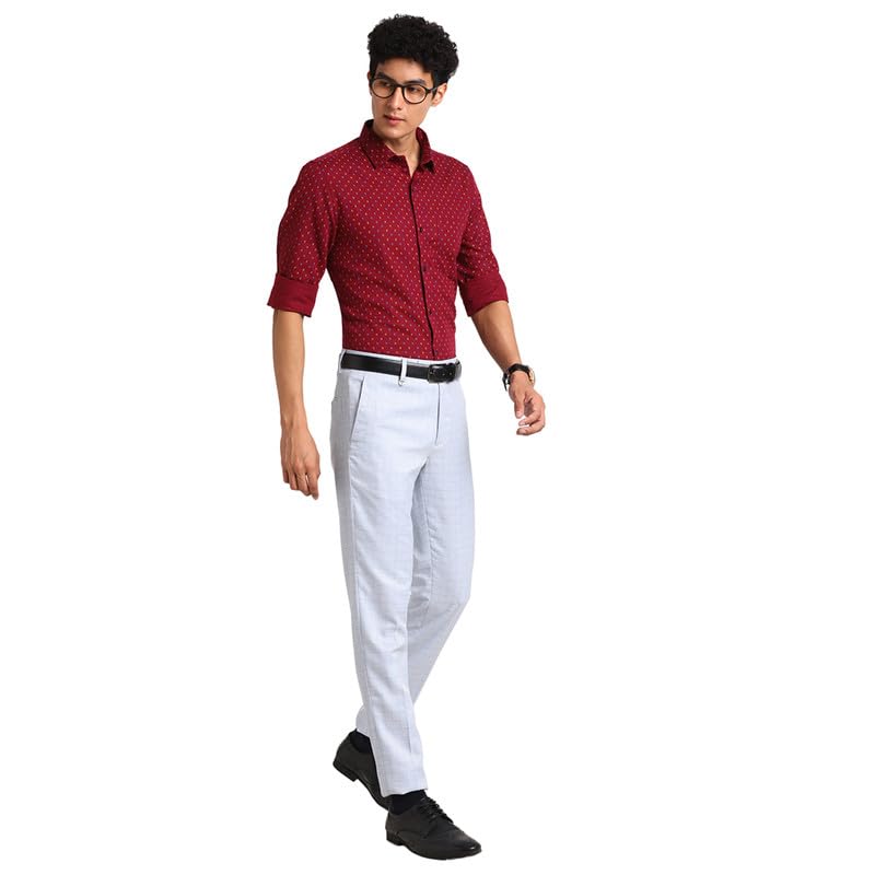 Image of Turtle Men Poly Viscose Light Blue Checkered Ultra Slim Fit Flat Front Formal Trouser