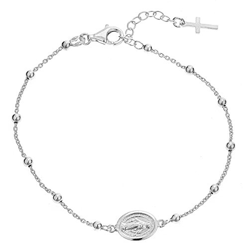 Ritastephens Italian Sterling Silver Miraculous Mary Medal Small Cross Adjustable Rosary Bracelet or Anklet