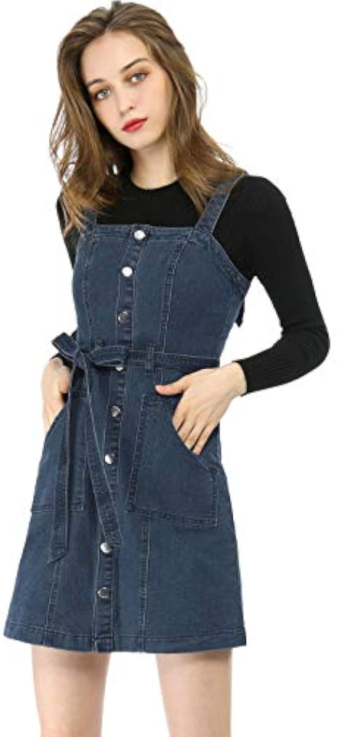 Allegra K 女款經典可調式肩帶 A 字剪裁單寧洋裝, Medium