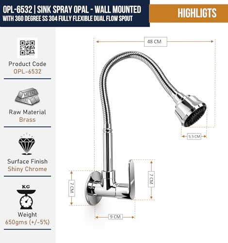 Image of KAMAL Sink Spray Kitchen Tab Opal - | SS 304 Flexible Spout 360 Degree Dual Flow | Brass Body & Knob | SS304 Rust Resistant Flexible Spout | Dual Flow Bib Tap Faucet (Wall Mount Installation)