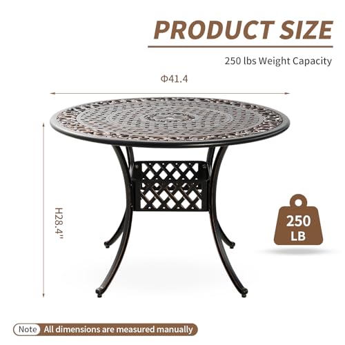 Image of Cast Aluminum Outdoor Dining Table 42 inch Round Patio Dining Table with 1.7 inch Umbrella Hole,Large Garden Patio Table for 4-6 People, Bronze