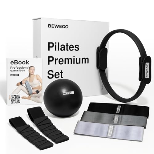 Bewego Pilates Set für Zuhause 7 in 1 Pilates Zubehör mit Gymnastikball Yoga Ring Resistance Bands & Gewichtsmanschetten in Geschenkbox Schwarz/Grau