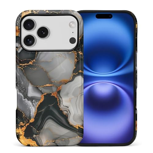 Coque rigide iPhone 17 Pro hybride finition marbre veines fluides or et noir