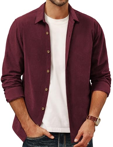PJ PAUL JONES Men's Button Down Shirt Long Sleeve Corduroy Shirts Wine Red