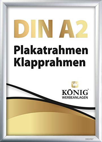 Plakatrahmen DIN A2 | 25mm Alu Profil, eckig | Silber | inkl. entspiegelter Schutzscheibe und Befestigungsmaterial | Bilderrahmen Klapprahmen Wechselrahmen Posterrahmen Rahmen | Dreifke® Cover