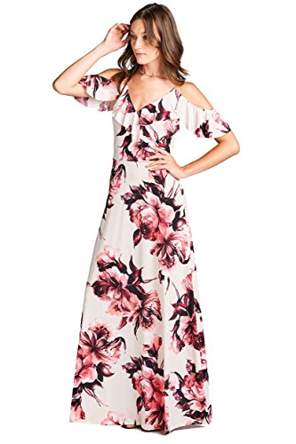On Trend Women's Paris Bohemian V-Neck Printed Faux Wrap Long Maxi Resort Dress (Small, Pink)