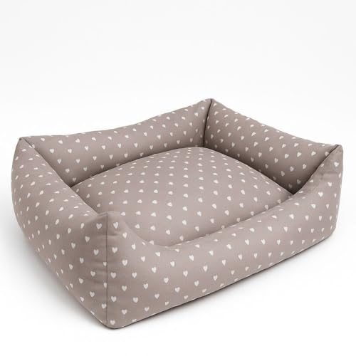 HAPPYRELAX - Cuccia Cane Interno Taglia Media Rivestimento Loneta (70×55 h27cm) Cucce per Cani Lavabile, Made in Italy con Misure Generose e Altezza Superiore Rispetto altre Cucce (Beige Scuro Cuore)