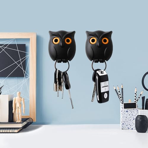 Fychuo Owl Key Holder Key Hooks Wall Mounted Magnetic Key Holder 2 Pack Night Owl Key Holder for Wall Self Adhesive Key Hook Cute Home Decor Automatic Open Close Eyes Owls Keyring Rings Black - Image 5