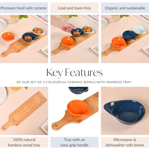 Image of Nestasia Ceramic Snack Bowls with Bamboo Tray 100ml | Vibrant Orange, Blue, and Navy Bowls, Food-Safe, Microwave & Dishwasher Safe | Ideal for Dips, Snacks, Treats, Dry Fruits