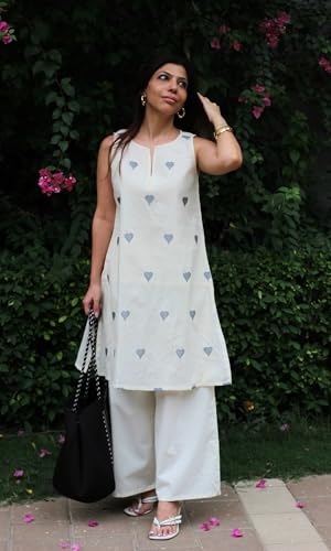 Image of ANNI Designer Kurta Set for Women Cotton Blend Embroidered | Kurti Set for Woman | Farshi Salwar Suit Kurta Palazzo Outfit | Round Neck V Slit Sleeveless Regular Fit Ethnic Dress Stylish Clothing