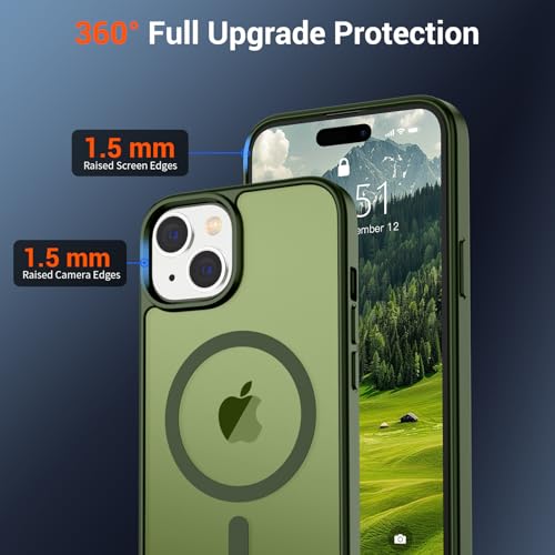 Image of SUPFINE Magnetic for iPhone 15 Case (Compatible with MagSafe) (Military Grade Drop Protection) Slim Translucent Matte Shockproof with Anti-Fingerprint Phone Case, Cangling Green