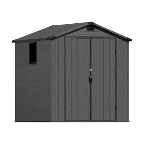 Image of Greesum 6x6FT Plastic Outdoor Storage Shed with Floor, Dark Gray | Resin Sheds with Lockable Double Doors, All-Weather Tool Sheds with Window & Multiple Vents for Garden, Yard, Patio