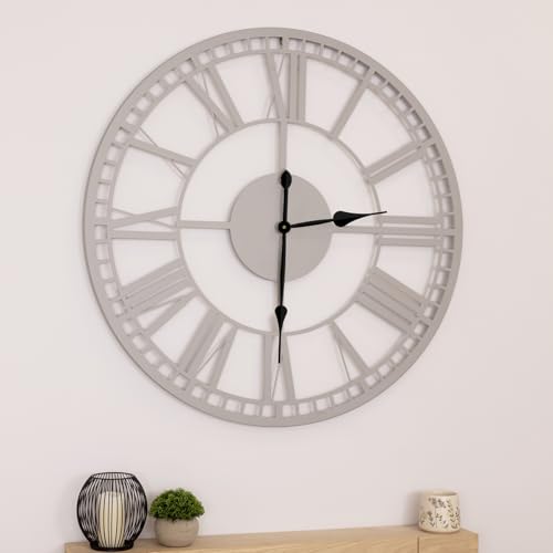 CHARLES BENTLEY Malham Outdoor And Indoor Wall Clock, Grey Coating, Skeleton Design, Metal, Quiet Ticking, Roman Numerals, Giant Open Face, Analog, Patio Clock, Living Room, Kitchen (90x90x4.8cm)