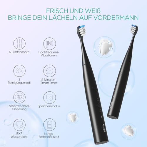 VOYOR-HEALTH Elektrische Zahnbürste, Schallzahnbürste für Erwachsene mit 6 Bürstenköpfen, Wiederaufladbare Ultraschall Zahnbürsten mit Intelligentem Timer IPX7 Wasserdicht ET110 (Schwarz) – Bild 3