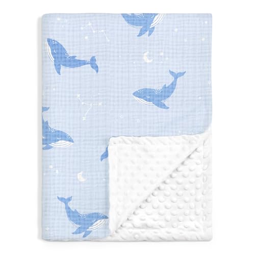 Image of Whale Baby Blankets for Boys Girls, Soft Nursery Minky Blankets with Muslin and Dotted Fleece Back 30x40 inches, Receiving Bed Quilt for Newborn, Infants, Toddlers