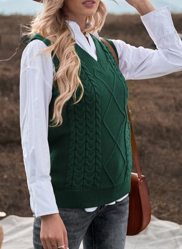 Image of EVALESS Oversized Sweater Vest for Women V Neck Sleeveless Cable Knit Tops