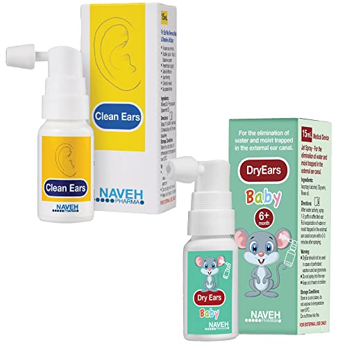 1 Unit Naveh Pharma CleanEars Earwax Removal Spray 1 Fl Oz + 1 Unit NAVEH PHARMA Dry Ears Baby Spray 0.5 Fl Oz