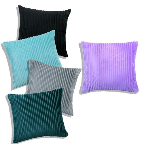 Image of RD TREND Cushion Cover Set of 5, Decorative Sofa Living Room Home Square Cushion Covers 16 Inch x 16 Inch, Aesthetic Corduroy Striped Double Sided (Multicolor-1, Pack of 5)