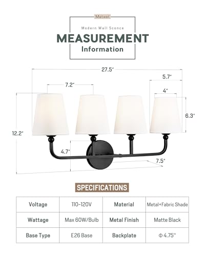 Image of Bathroom Light Fixtures, 4 Light Matte Black Vanity Lights with Flared White Fabric Shade, 28 Inch Wall Sconce, Modern Sconces Wall Lighting for Hallway Bedroom, VL837-MB-4