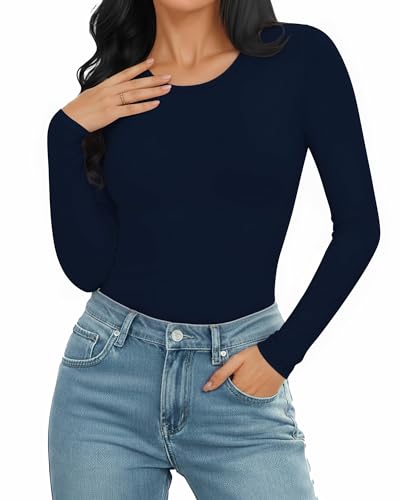 Image of MANGOPOP Women's Scoop Neck Long Sleeve Stretchy Basic Bodysuit Jumpsuits