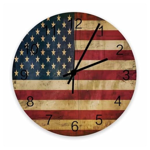 Vintage American Flag Wall Clock Silent Non Ticking, Independence Day Retro American Flag Clock, Battery Operated Quartz Wooden Round Wall Clocks Decorative for Living Room/Kitchen/Office 12 Inch