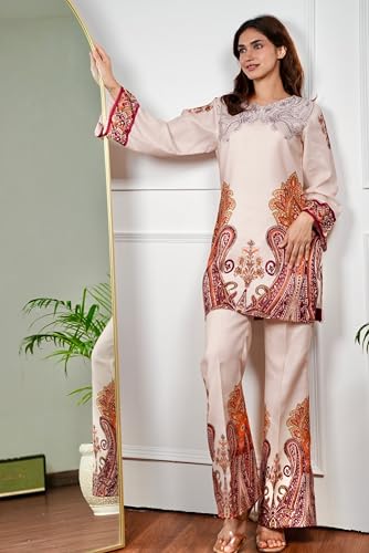 Image of GoSriKi Co Ord Set for Women Viscose Printed | Straight Kurta Palazzo Set for Woman | Round Neck Full Sleeve Ethnic Dress Stylish Coord Outfit Trendy Womens Clothing