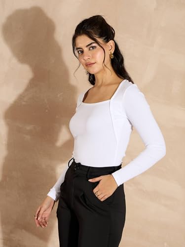 Image of SASSAFRAS Women's Slim Fit Full Sleeves Rib Square Neck Ribbed Basics - Casual Ribbed T-Shirt Tops
