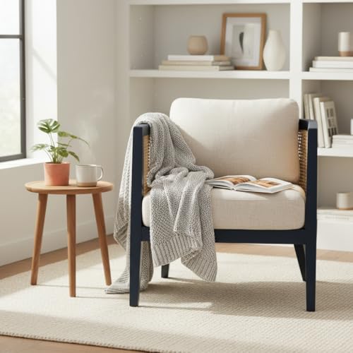 Image of APRODZ Solid Wood Accent Chair for Living Room Mid Century Modern Wooden Upholstered Armchair with Cushion Lounge Chair Cane Back Wooden Frame for Living Room Bedroom Office Seating (Navy Blue)
