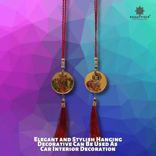 Image of Radha Krishna Car Hanging with Bal Gopal Dual Side Gold Glossy Spiritual Locket for Car Rear View Mirror Decor 13 Inch