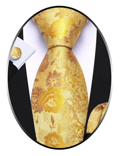 Image of Barry.Wang Flower Ties for Men Handkerchief Cufflinks Set Wedding Necktie Set Party