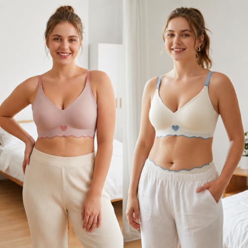 Image of Women's Seamless Wirefree Bra Pack of 2 Full Coverage Padded Everyday T-Shirt Bras | Soft Stretch Comfortable Wireless Bra Adjustable Straps Breathable No-Show