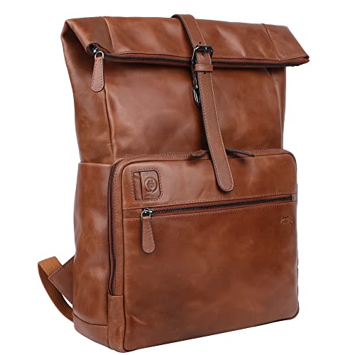 TUSC Taurus Premium Leder XL Rolltop Rucksack für Laptops bis 17,3 Zoll für Damen und Herren, Tagesrucksack Unisex, Daypack Vintage Braun, Größe 48x33x11 cm