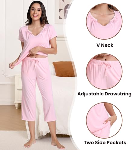 Image of NACHILA Bamboo Viscose Women's Pajamas Set Short Sleeve Pjs and Capri Pants | Soft like cloud