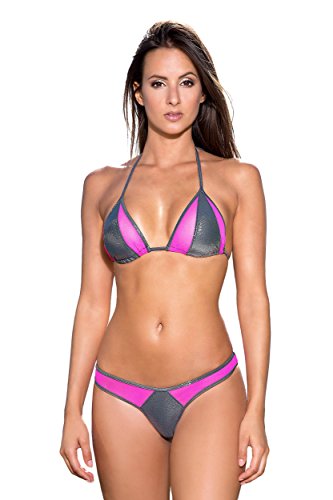 Maillot de Bain String Bikini Sexy Gris Anthracite Métallisé Rose